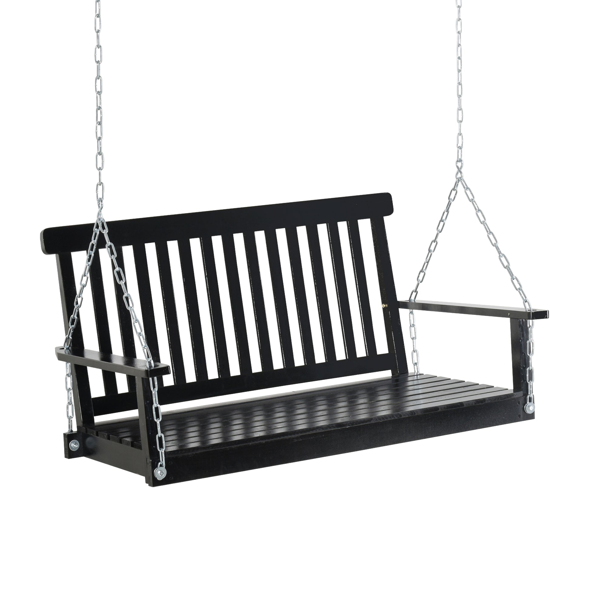 Outsunny 2 Seater Hanging Porch Swing Outdoor Patio Swing Chair Seat With Slatted Build And Chains, 440Lbs Weight Capacity, Black Black Wood