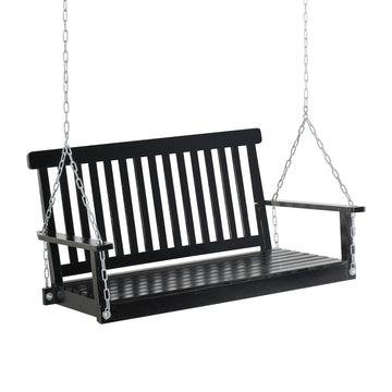 Outsunny 2 Seater Hanging Porch Swing Outdoor Patio Swing Chair Seat With Slatted Build And Chains, 440Lbs Weight Capacity, Black Black Wood
