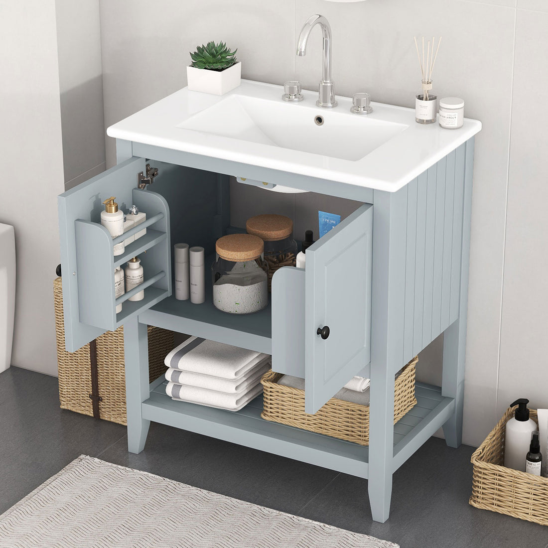 30" Gray Modern Sleek Bathroom Vanity Elegant Ceramic Sink With Solid Wood Frame Open Style Shelf & Door Shelf Design Gray Solid Wood