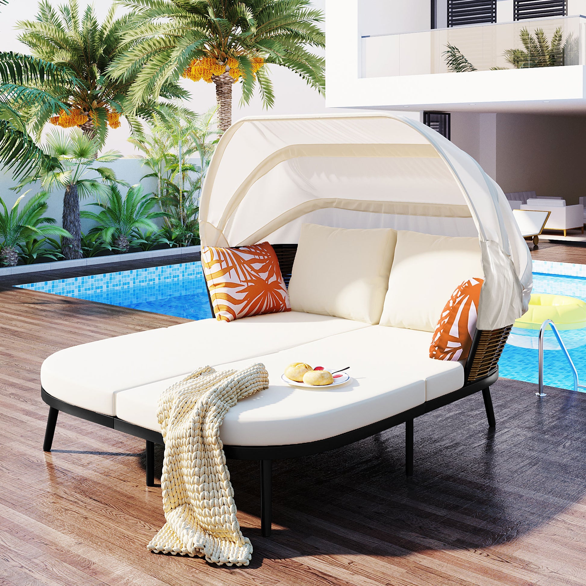 74.8" L Patio Daybed With Retractable Canopy, Outdoor Rattan Pe Wicker Back Loveseat Sofa Set With Throw Pillows And Cushions For Backyard, Poolside, Garden, Beige Yes Lounge Beige Weather Resistant Frame Water Resistant Cushion Garden & Outdoor Complete