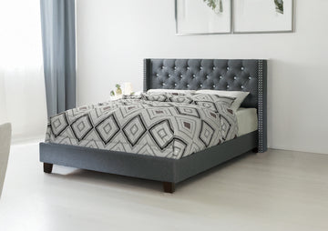 Queen Bed In Blue Gray Box Spring Not Required Queen Gray Fabric