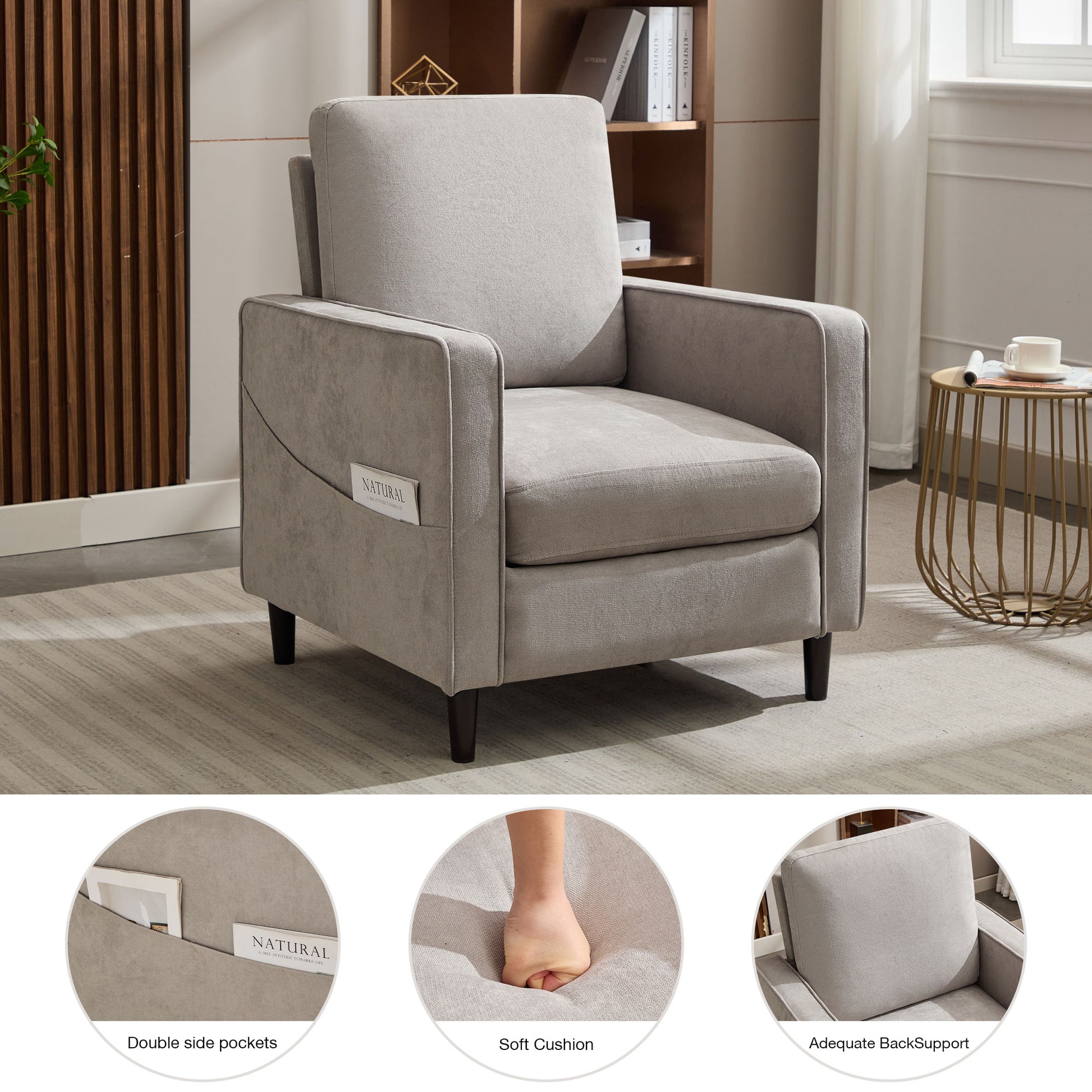 Mid Century Accent Chair ,Modern Linen Fabric Armchair For Living Room,Double Side Pockets, Comfortable And Padded Reading Feature Sofa Chair, Suitable For Bedrooms, Living Rooms, And Offices Light Gray Linen