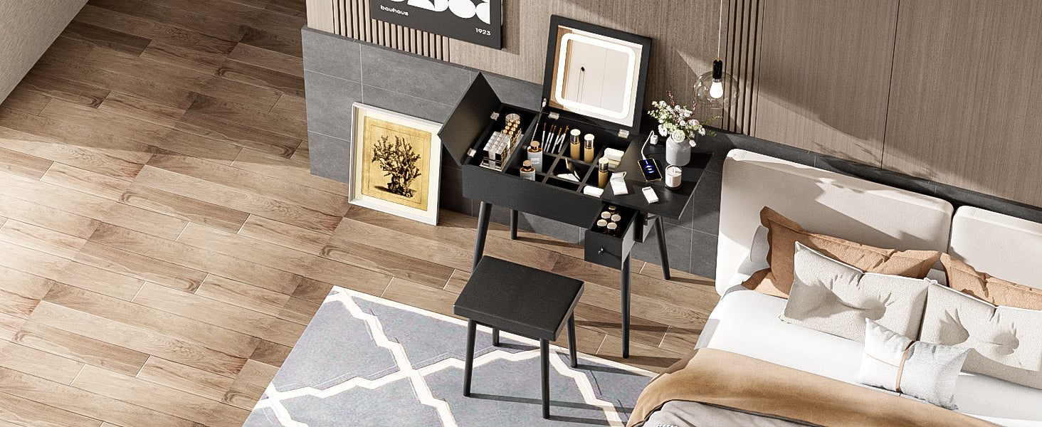 27.9'' Black Makeup Vanity Desk With Flip Top Mirror And Led Light, Dressing Table With Charging Station, 2 Drawers And Fold Up Panel, Vanity Set With Cushioned Stool For Bedroom Black