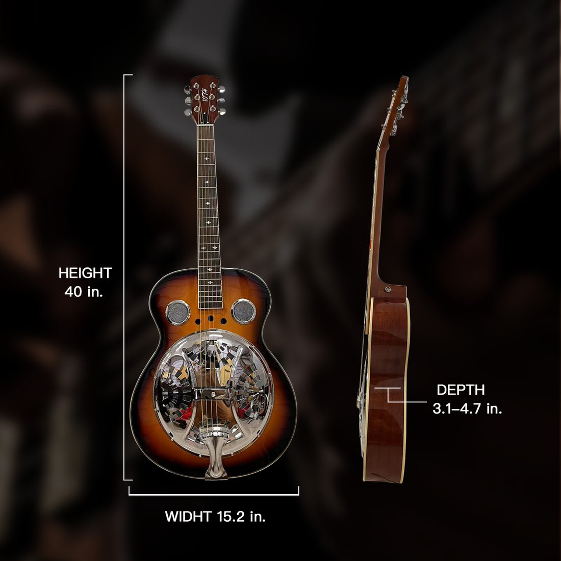 Beginner Metal Resonator Guitar, Full Size Circular Neck Traditional Resonator, Built In Preamplifier Black Brown Wood