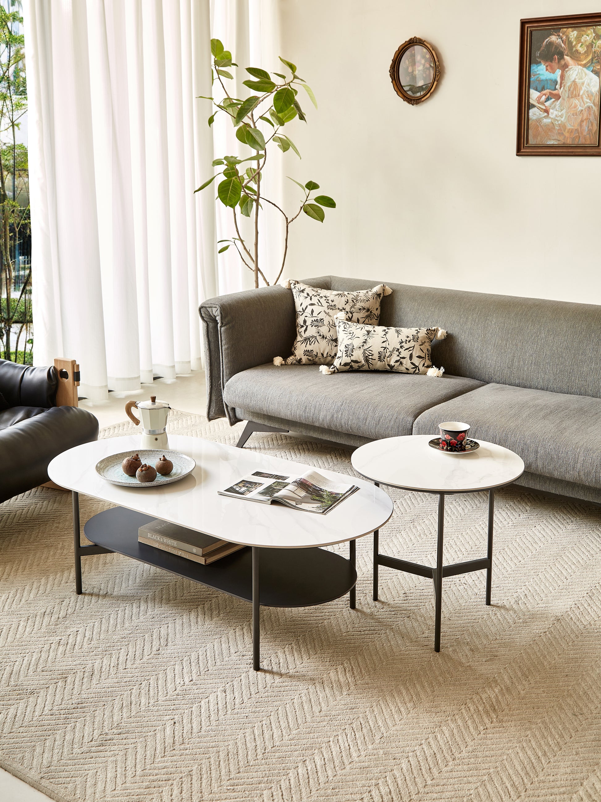 Coffee Table Ceramic Coffee Table, Mdf Painting Double Layer Coffee Table For Living Room, White Ceramic And Coffee Brown Bottom Shelf Black White Ceramic Mdf