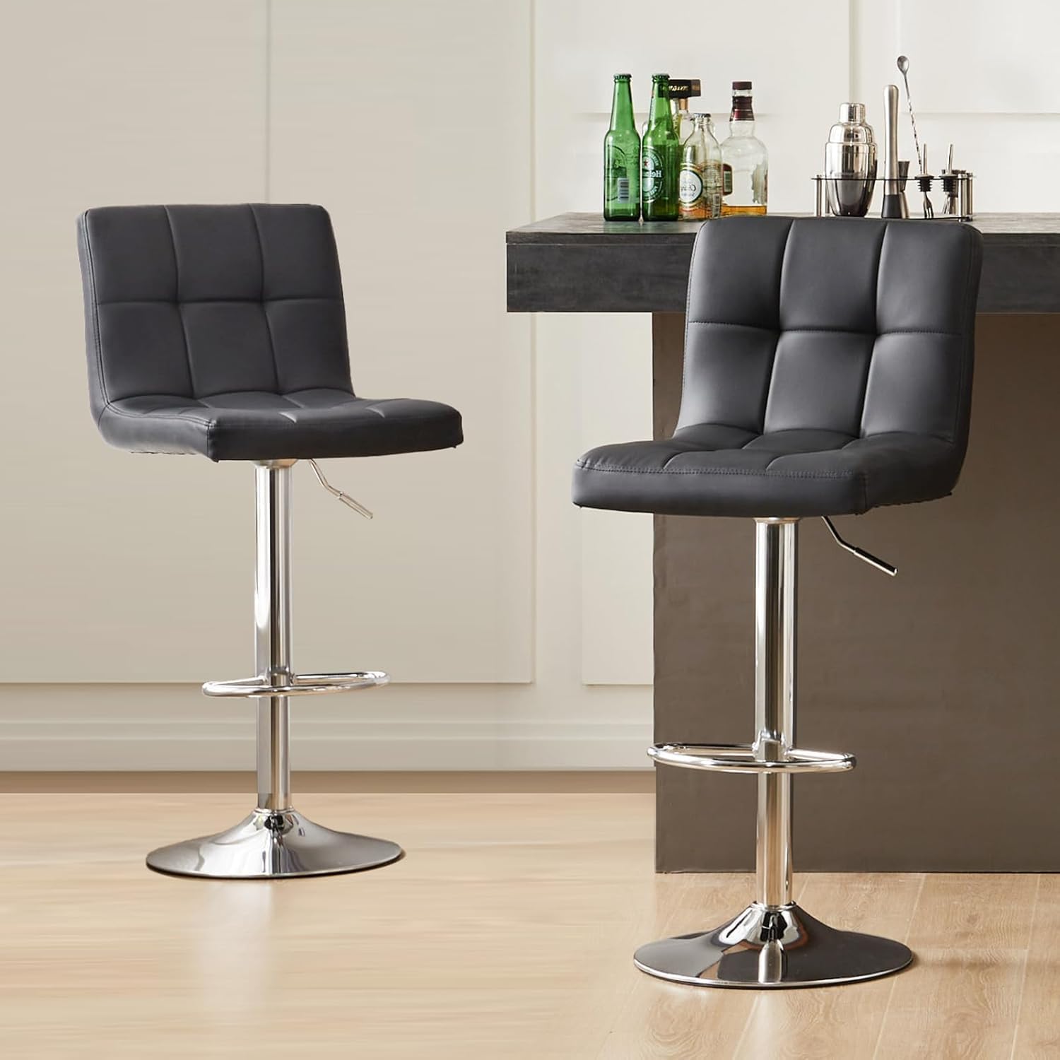 Bar Stools Set Of 2, Pu Leather Adjustable Swivel Barstools, Armless Adjustable Kitchen Counter Height Bar Stools, Thickened Seat Cushion Square Island Chairs With Back, Black Black Metal