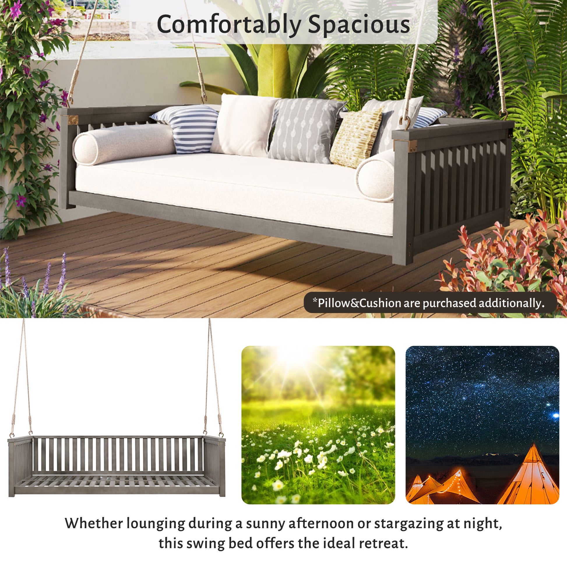 Patio Minimalist Twin Size Garden Swing Bed Wood Porch Swing With Ropes For Backyard, Safe Sloped Design, Gray Gray Weather Resistant Frame Garden & Outdoor Minimalist 2 Person Seating Group Acacia