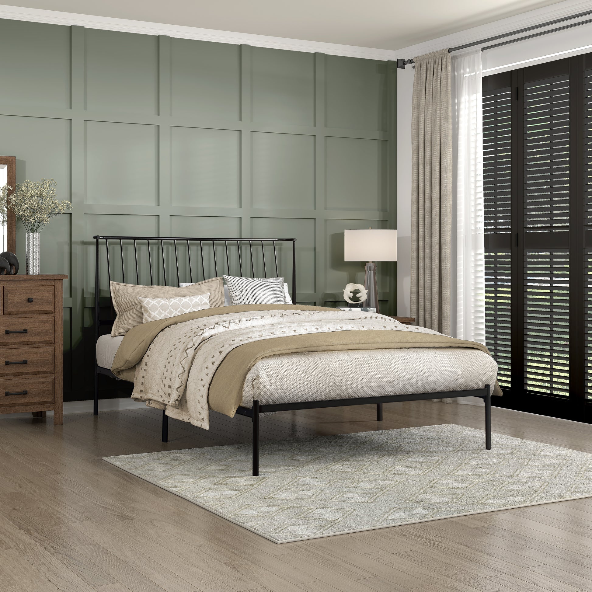 Metal Frame Queen Platform Bed Black Finish Angle Headboard Bedroom Furniture 1Pc Box Spring Not Required Queen Black Metal Bedroom Farmhouse,Mid Century Modern,Modern,Transitional Metal