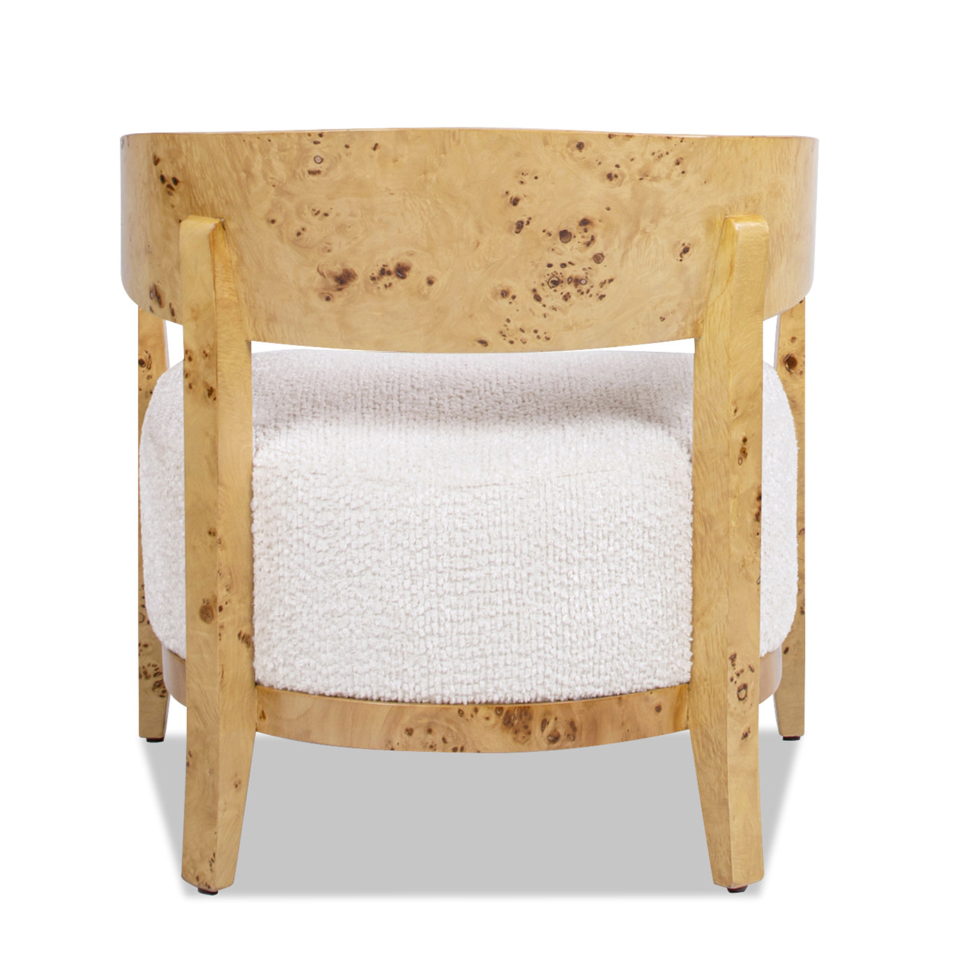 Madrid 26.5" Burl Wood Barrel Accent Arm Chair, Seashell White Chenille White Natural Foam Chenille