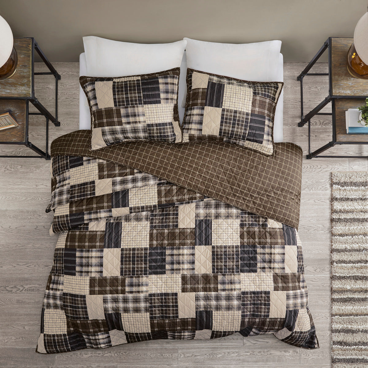3 Piece Reversible Printed Quilt Set Black Brown Full Queen Black Brown Microfiber