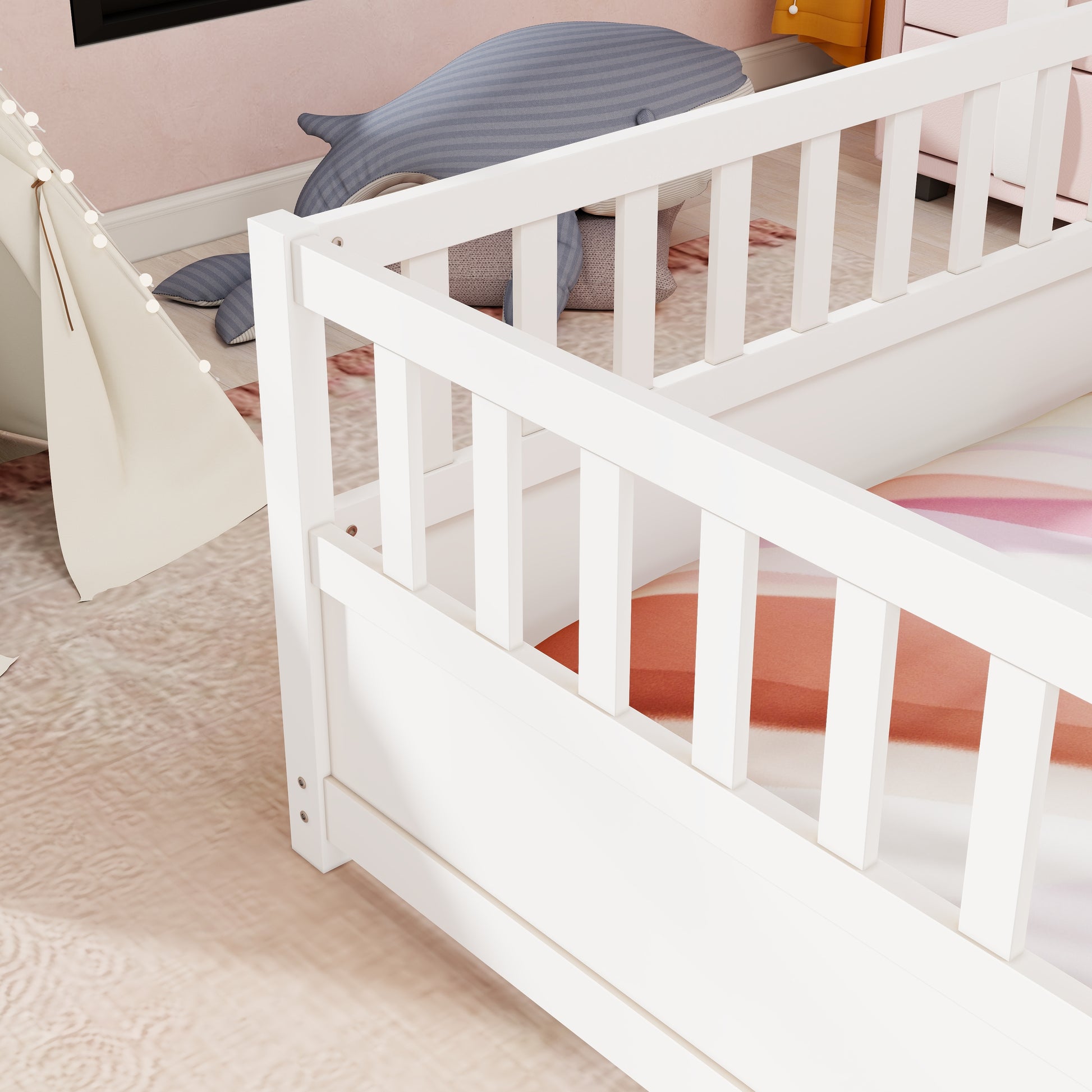 Full Size Floor Bed, Integral Construction With Super High Security Barrier, Door, Children'S Floor Bed Frame, Montessori Wooden Children'S Floor Bed, White Box Spring Required Full White Wood Brown