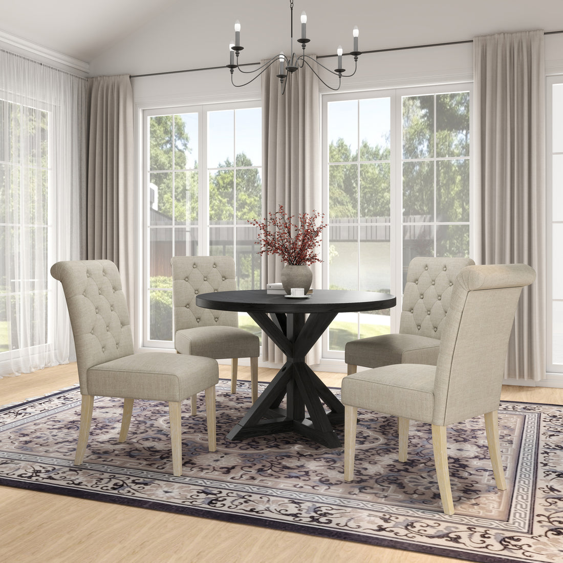 Banff 5 Piece Dining Set, Cross Buck Round Table With 4 Tufted Chairs, Tan Wood Dining Room Solid Wood Rubberwood Round Dining Table With Chair Wood Wood Black,Tan Solid Back Seats 4