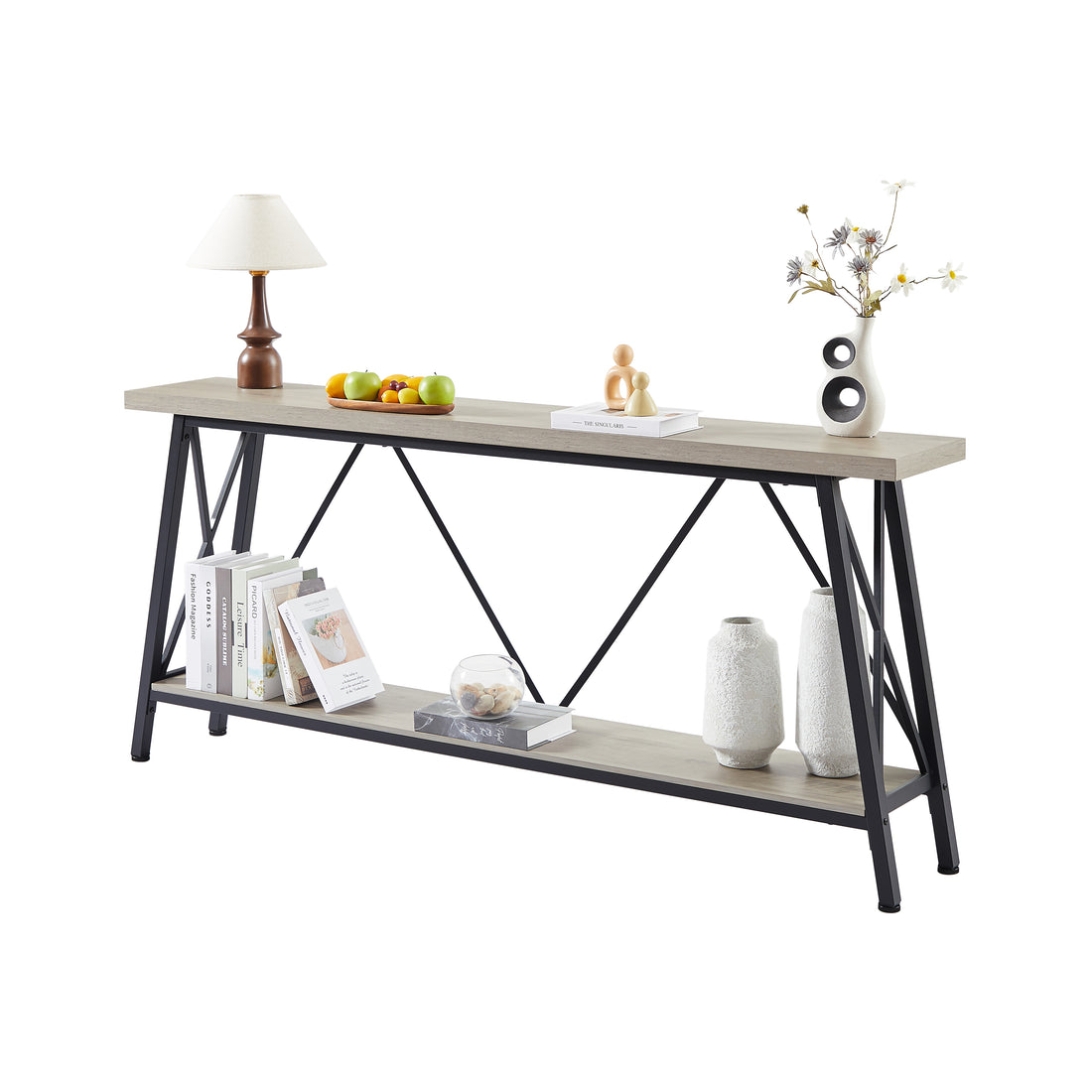 70.9 Inch Extra Long Sofa Table, Console Behind Sofa, Entryway Table With 2 Tier Storage Shelves For Hallways, Living Rooms,Foyers,Entryways,Banquet Rooms,Rustic Gray And Black, 70.9 L X 11.8"W X