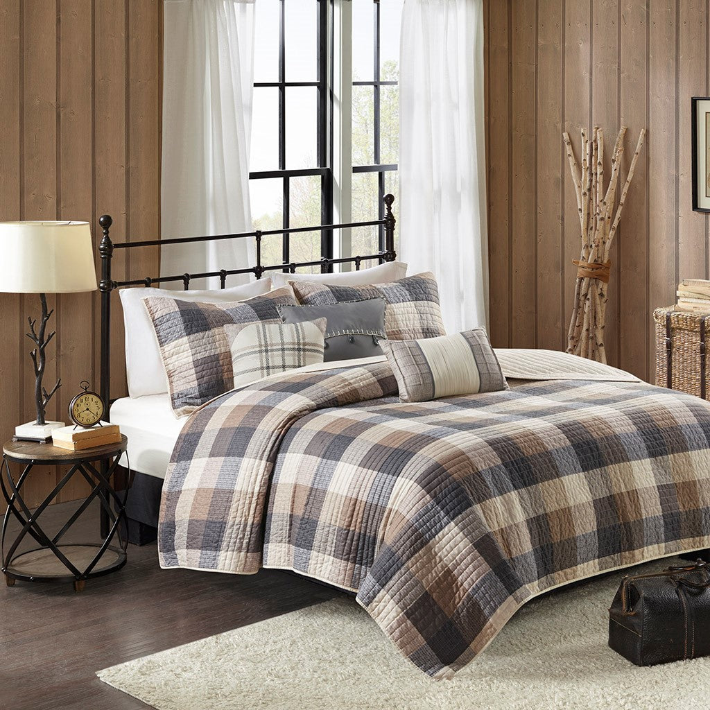 6 Piece Printed Herringbone Quilt Set With Throw Pillows Neutral King Cal King Neutral Polyester