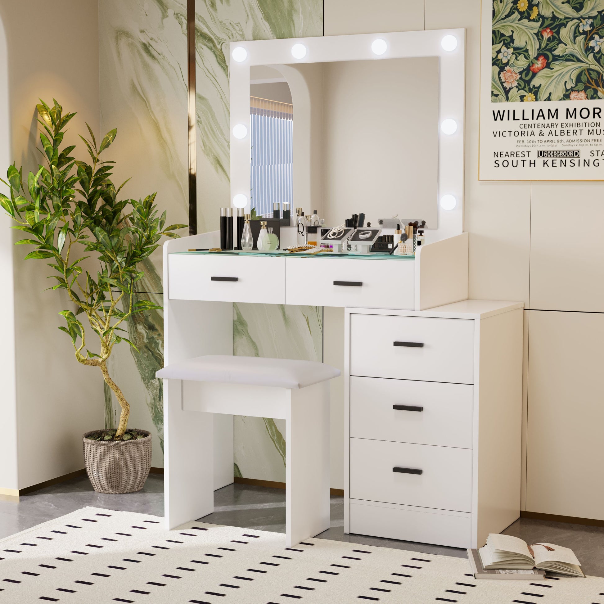 White Color Adjustable Dressing Table With 4 Drawers Matte White White Drawer 5 Drawers & Above Bedroom Extra Deep Drawers Modern 2 Or Less Poplar Mirror Included White Particle Board Mdf