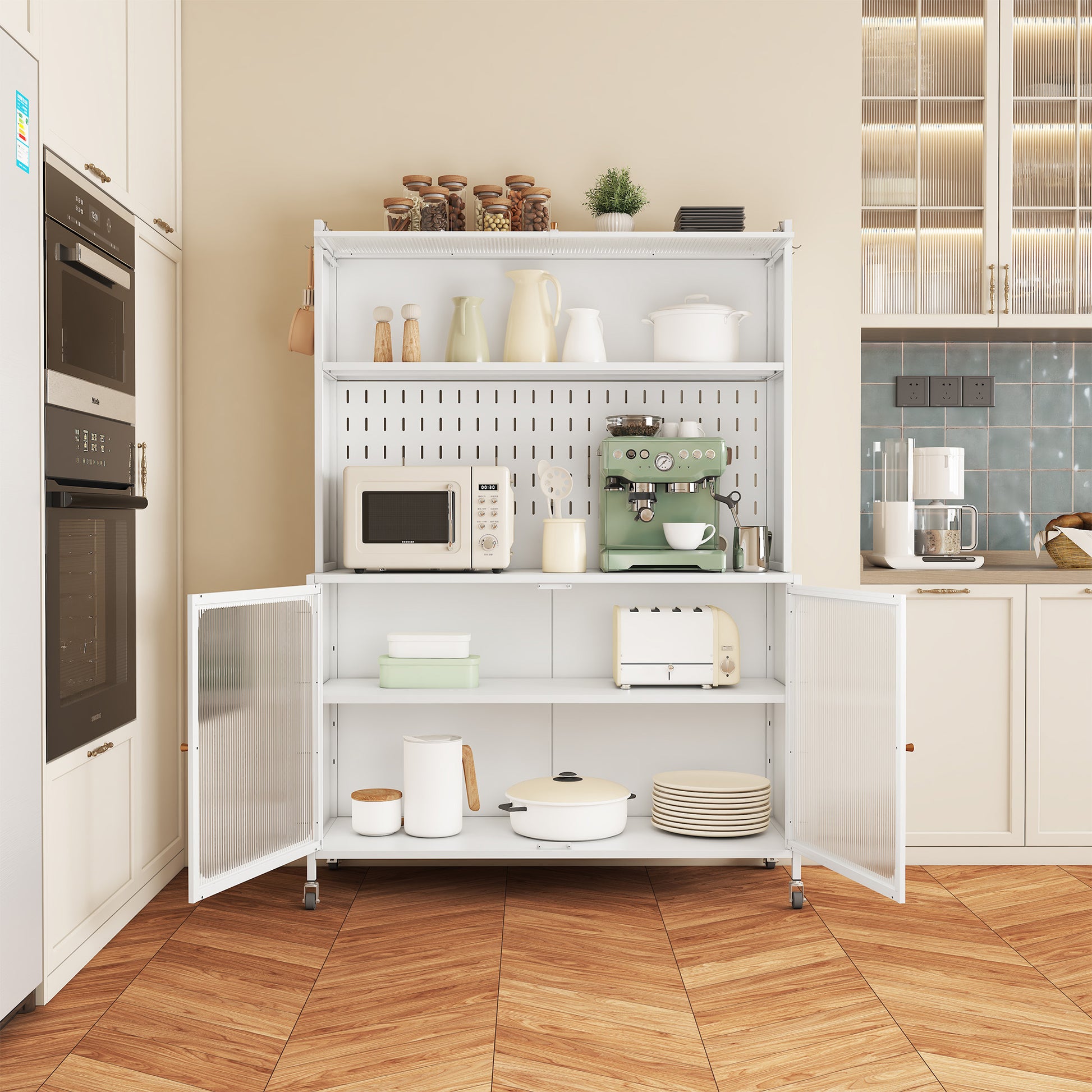 Kitchen Pantry Cabinet, Tall Storage Cabinet With Glass Doors & Adjustable Shelves, Cabinet Cupboard For Kitchen, Living Room, Dinning Room, White White Kitchen Modern Glass Doors Steel