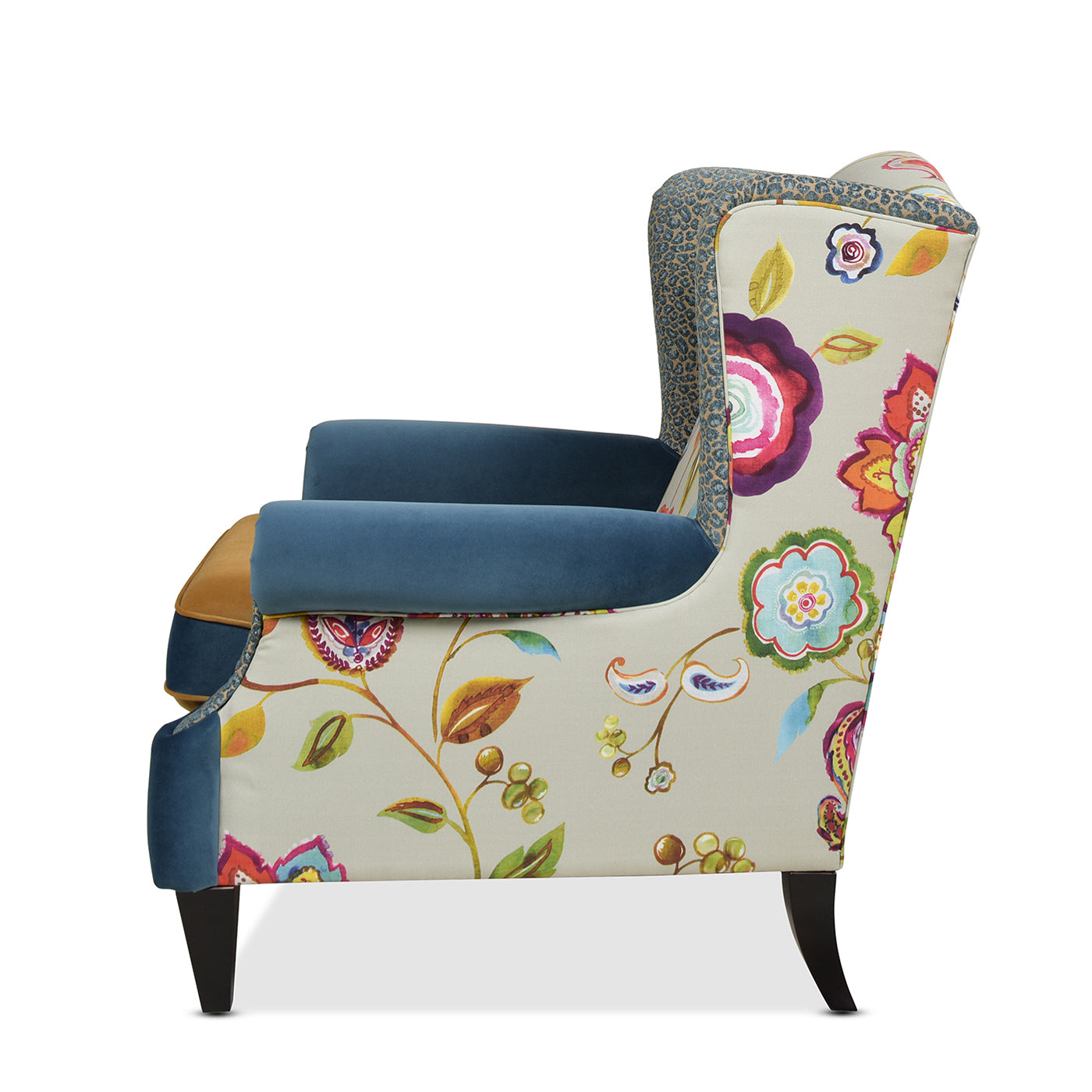 Anya Boho Chic Wingback Accent Arm Chair, Floral & Leopard, Blue Teal & Yellow Gold Velvet Teal Multi Foam Fabric