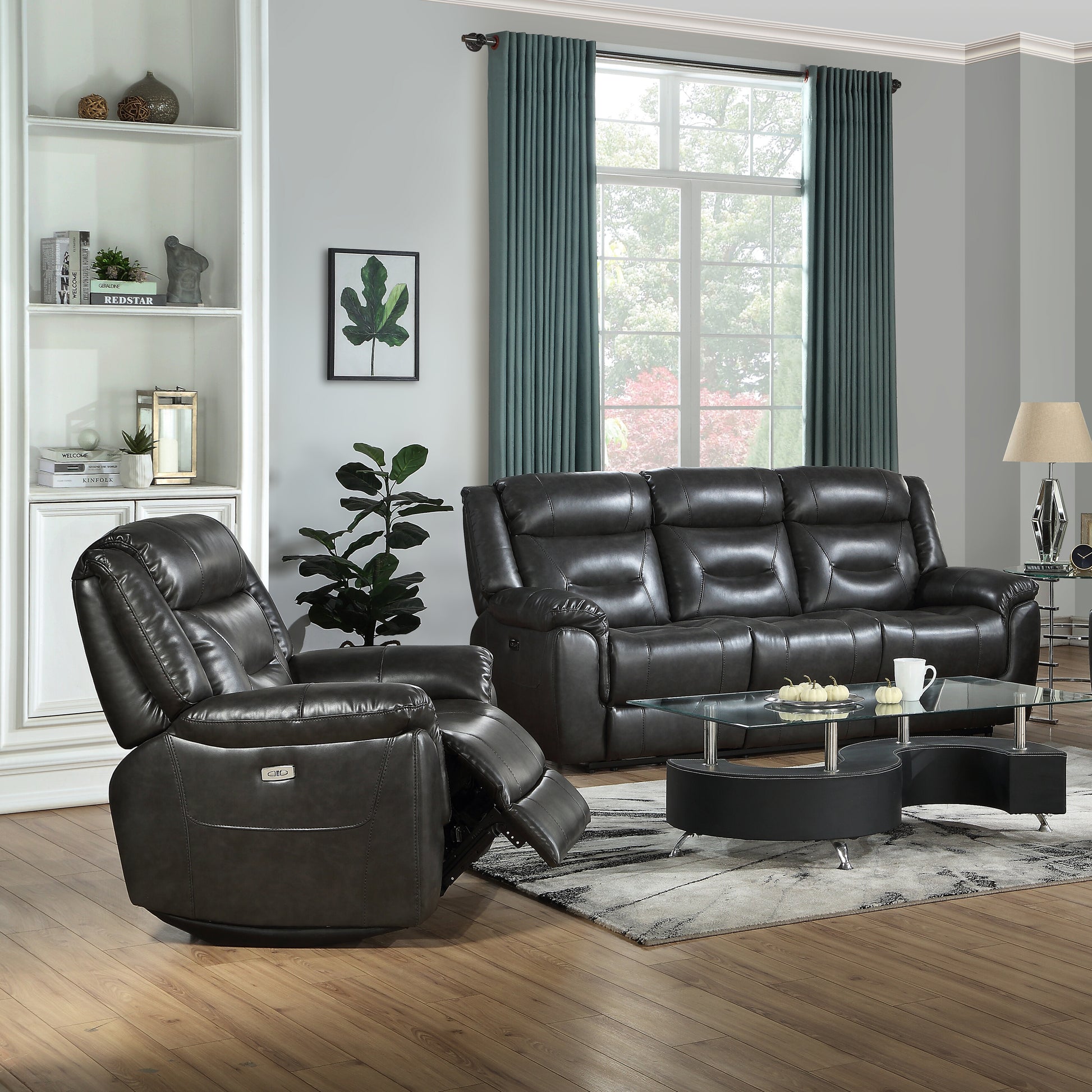 Grey Power Recliner With Usb Port Grey Faux Leather Manual Push Button Metal Primary Living Space Tight Back Push Button Pillow Top Arms Wood Fabric