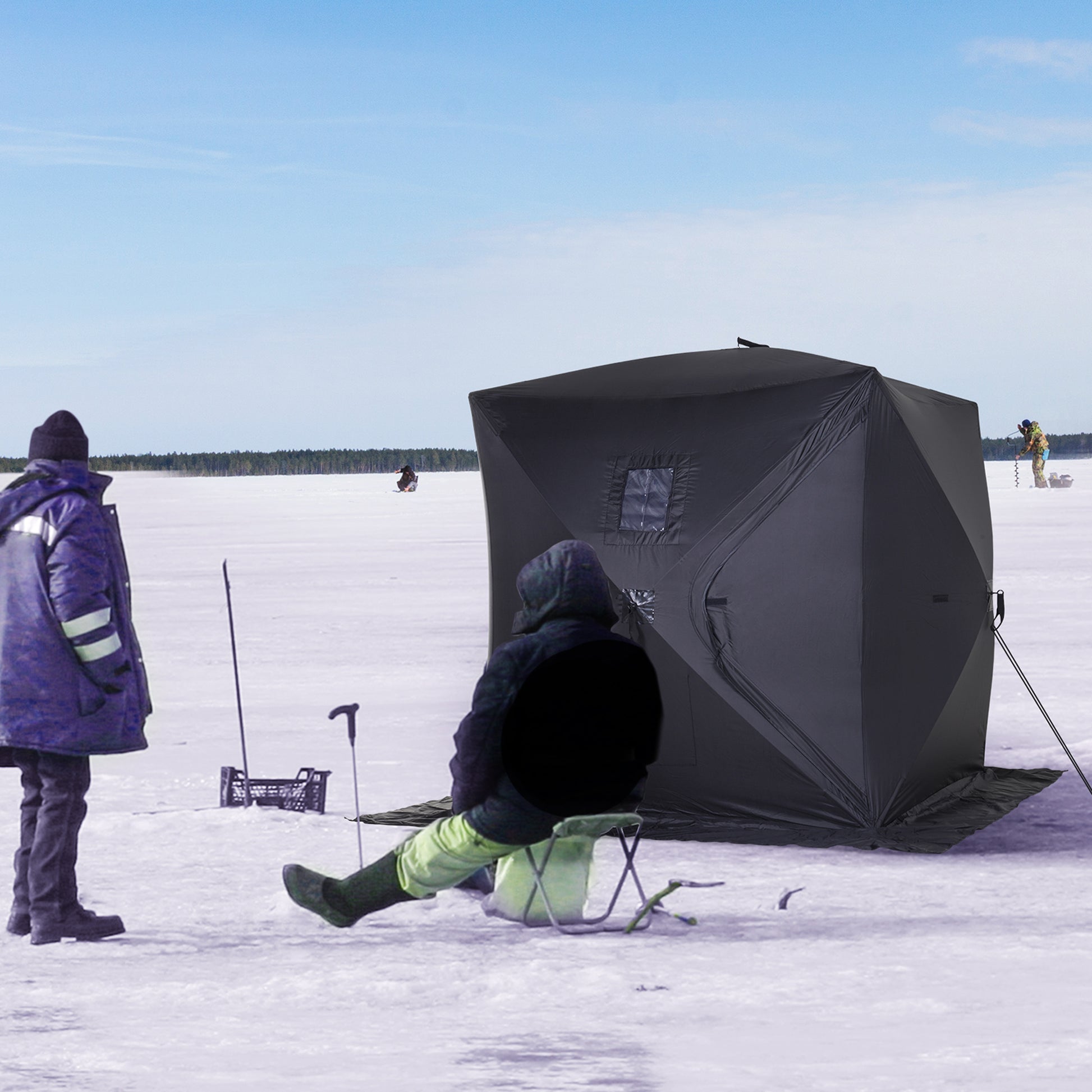 Outsunny 2 Person Ice Fishing Shelter, Pop Up Portable Ice Fishing Tent With Carry Bag, Windows And Anchors For Low Temp 22 , Black Black Cotton