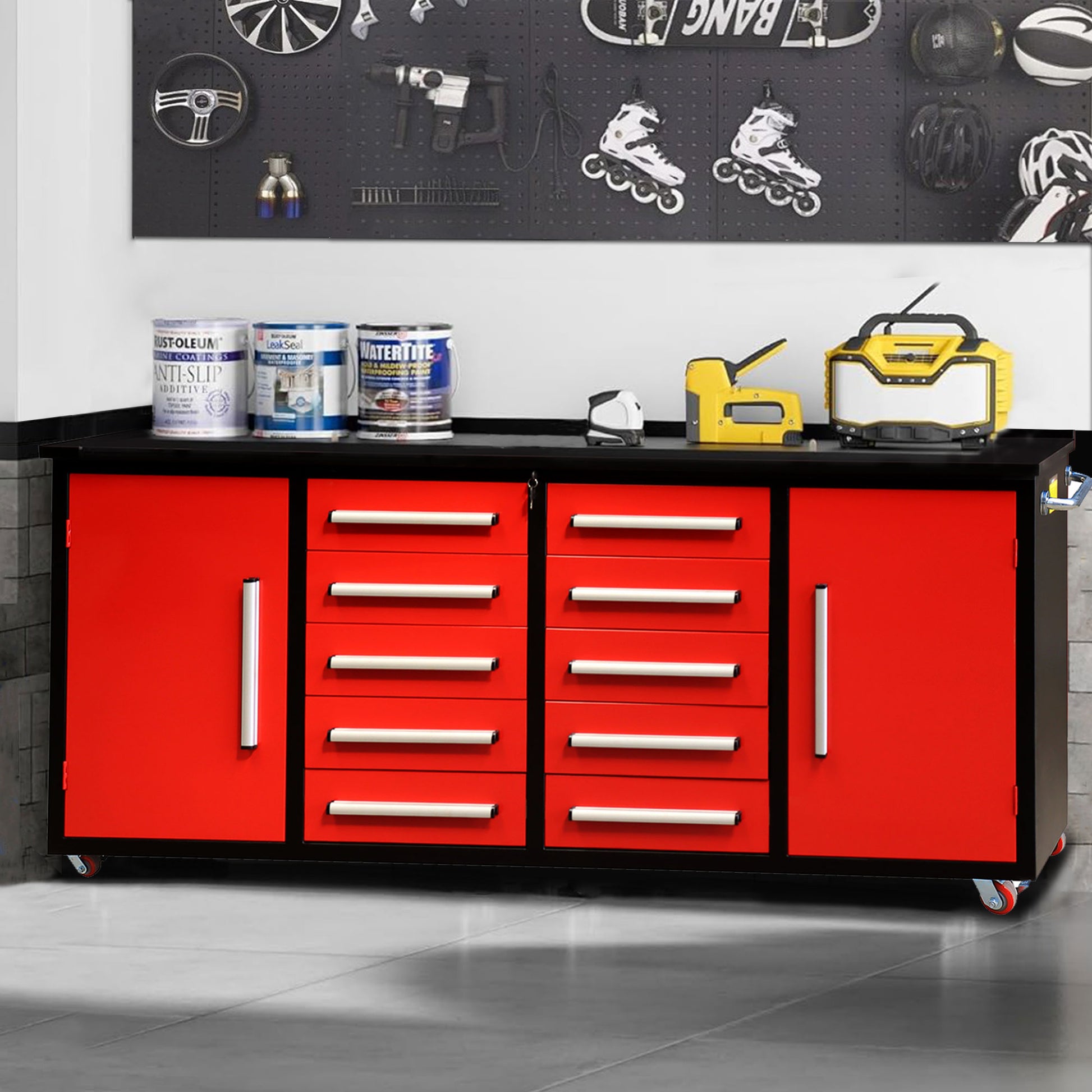 7Ft Storage Cabinets With Workbench 10 Drawers & 2 Cabinets Red Red Steel