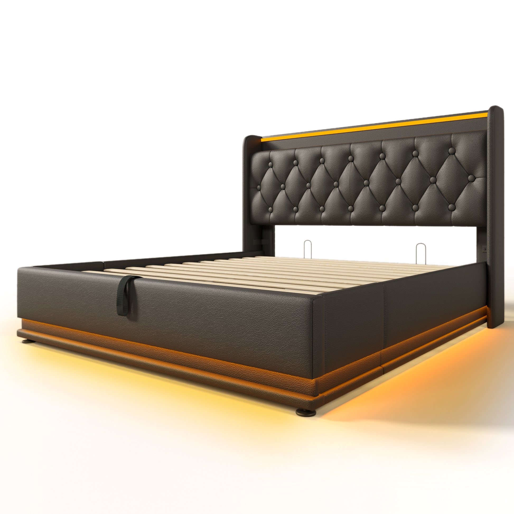 Full Size Upholstered Bed, 360 Surround Led Function, Buttons Apps Remote Control, Hydraulic Storage Bed With Usb Type C Charging, Black,Pu Without Mattress Full Black Pu