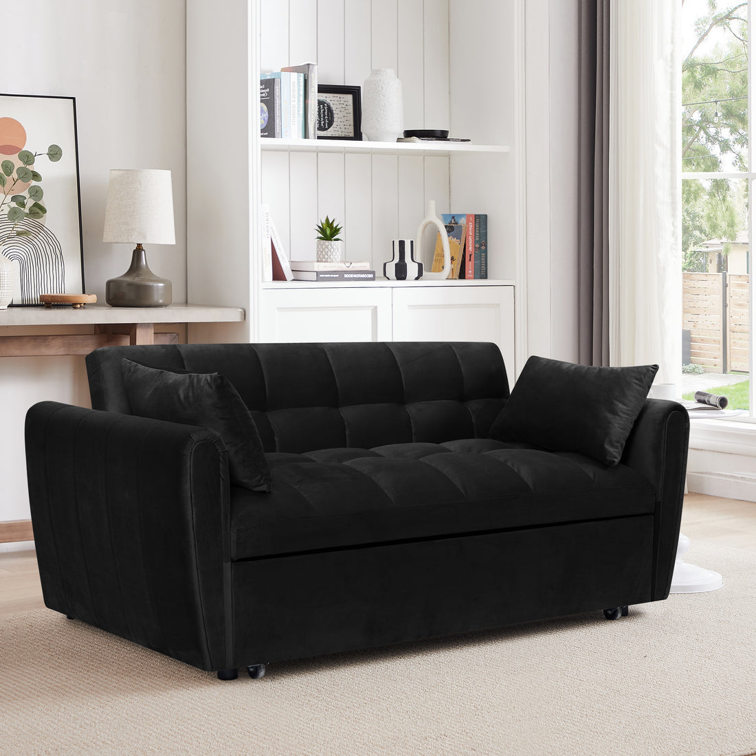 64.9 "3 In 1 Foldable Large Size Sofa Bed, Modern Velvet Double Sofa, Sofa Bed With Adjustable Back, Storage Bag And Pillow, Suitable For Living Room, Bedroom Biack Light Brown Wood Primary Living