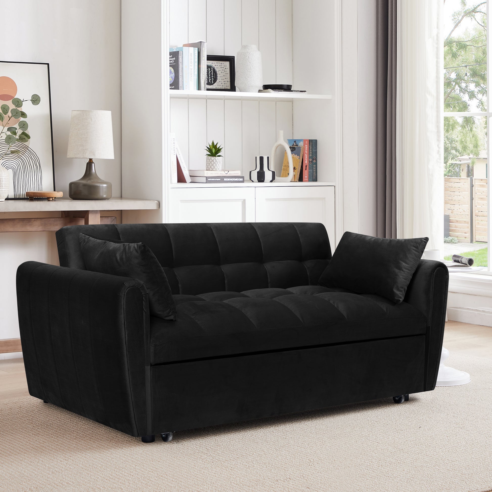 64.9 "3 In 1 Foldable Large Size Sofa Bed, Modern Velvet Double Sofa, Sofa Bed With Adjustable Back, Storage Bag And Pillow, Suitable For Living Room, Bedroom Biack Light Brown Wood Primary Living