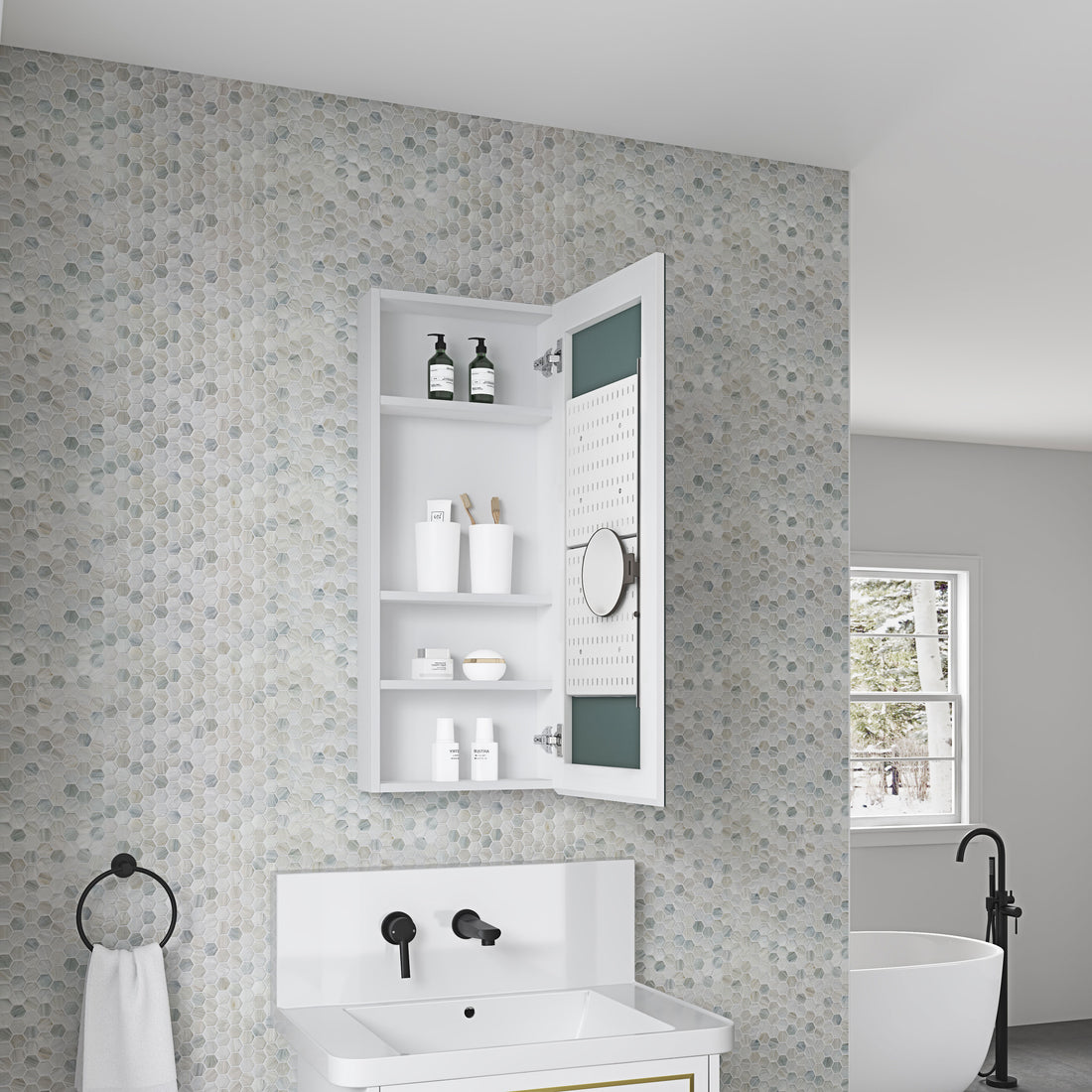 15'' W X 36'' H Bathroom Mirror Medicine Cabinet Wooden Door Medicine Cabinets For Bathroom, Wall Mounted Recessed Or Surface, Bathroom Mirror With Storage, Right Opening Door White Engineered Wood