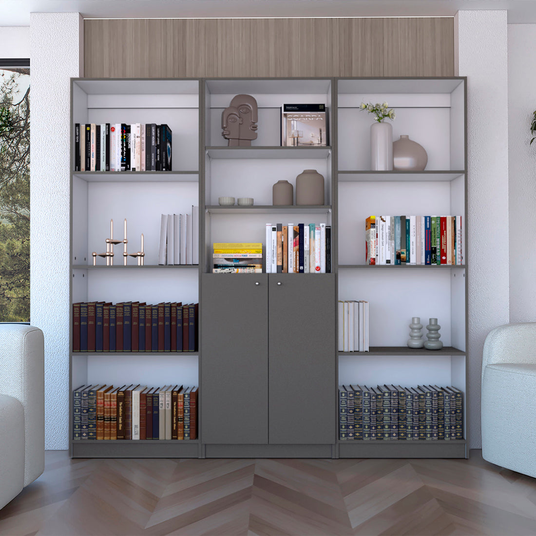 Duette 3 Piece Home Bookcase Set, 74" Wide With 11 Shelves And 2 Door Cabinetliving Room Set Matt Gray White Freestanding 5 Or More Shelves Multicolor Office Shelves Included Modern Particle Board