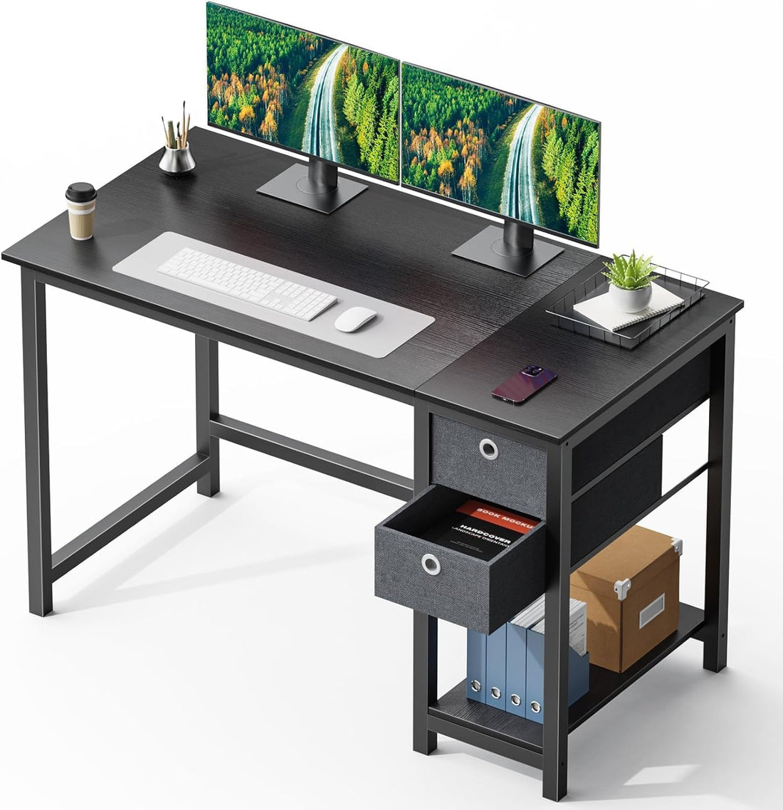 Computer Desk With Drawers 47 Inch Office Writing Work Kids Study 2 Tier Wood Corner Table With Storage Drawers Shelf For Bedroom Home Office Black Black Wood