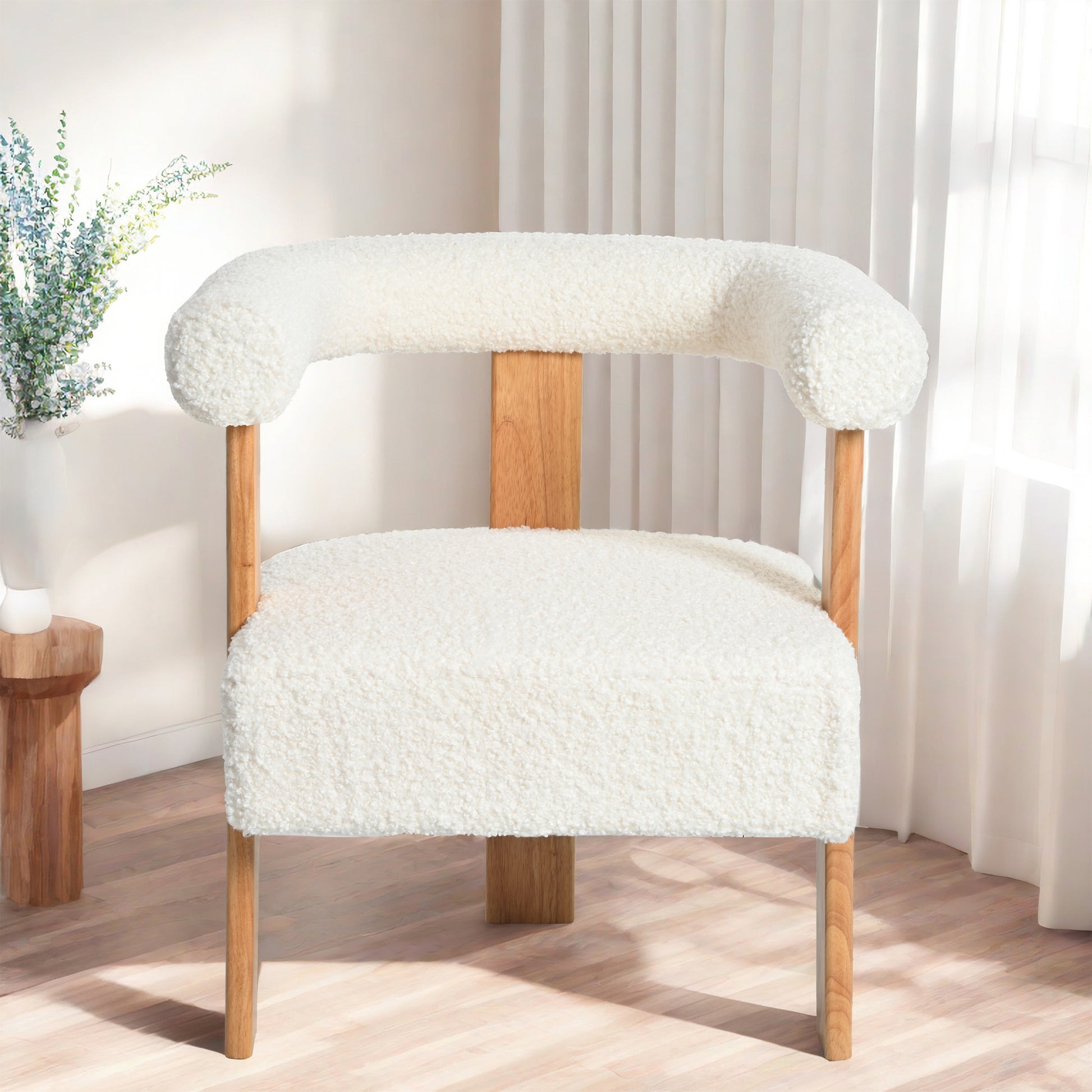 Mid Century Modern Barrel Accent Chair, Upholstered Kitchen & Dining Room Chairs With Arms, Teddy Velvet Boucle Accent Chairs Side Chairs For Kitchen Living Room Bedroom, White White Teddy