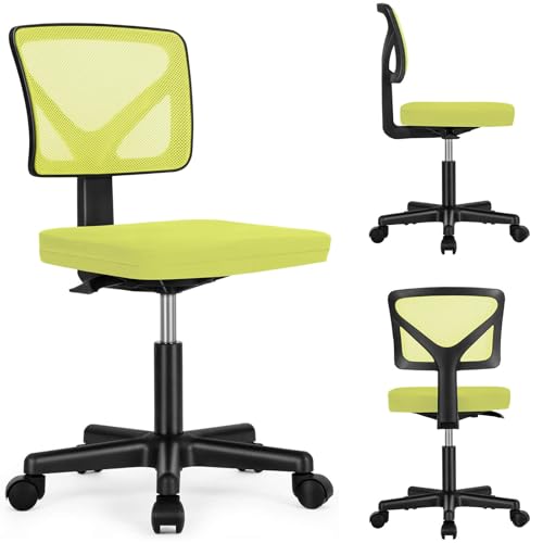 Low Back Mesh Armless Office Chair,Swivel Rolling Computer Chair No Arms With Lumbar Support, Green Green Metal