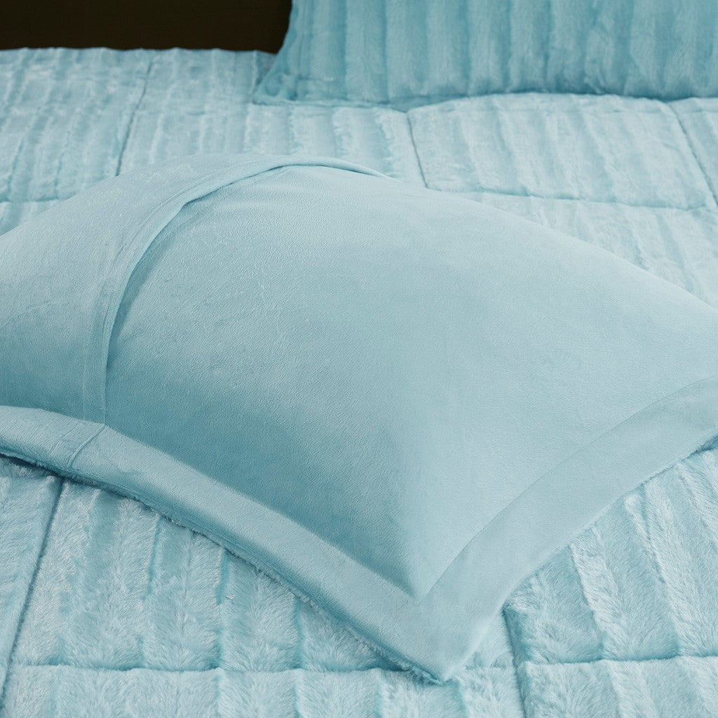 Faux Fur Comforter Mini Set Queen Teal Blue Polyester