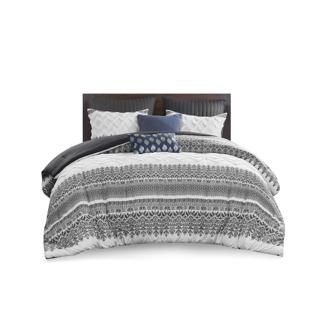 3 Piece Cotton Comforter Set With Chenille Tufting Gray Full Queen Queen Gray Cotton