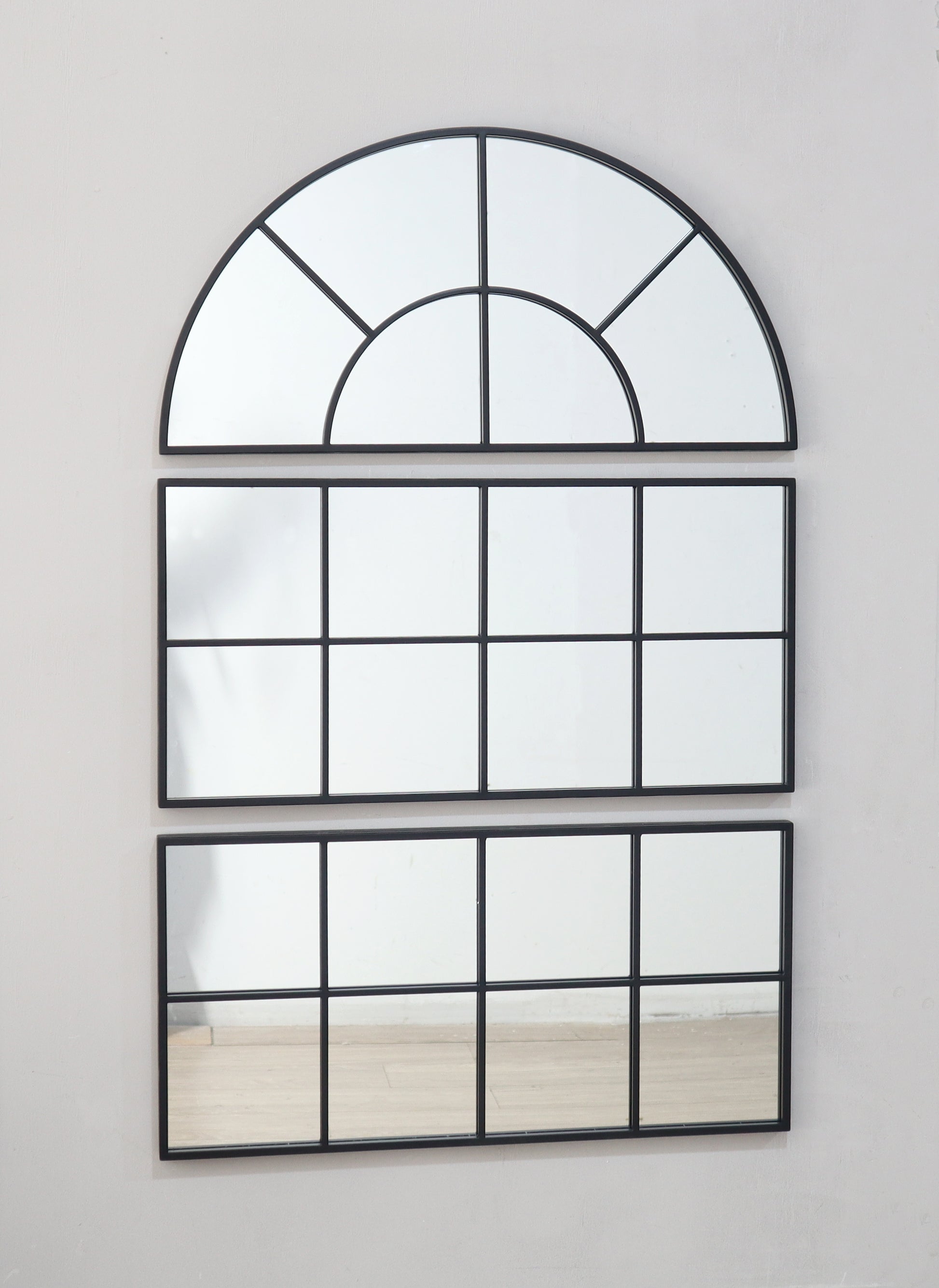30" X 45" Large Arched Wall Mirror With Three Separate Sections Black Glass Metal