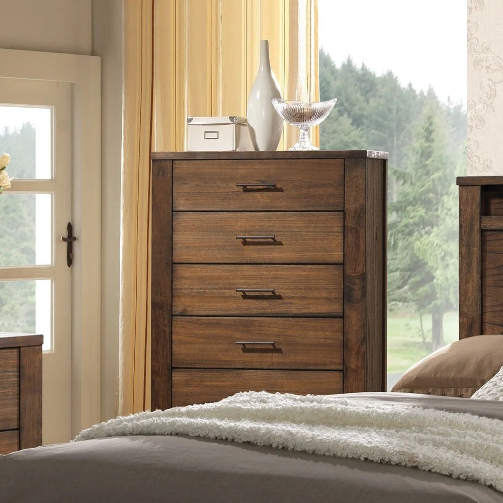 Oak Finish 1Pc Chest Of Drawers Wooden Texture 5X Drawers Storage Bedroom Furniture Oak Bedroom Contemporary,Modern,Transitional Rubberwood Particle Board Mdf,Rubber Wood