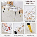 Modern Minimalist Dining Table. Imitation Marble Patterned Stone Burning Tabletop With Black Metal Legs. 62.2
