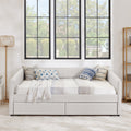 Queen Size Daybed With Two Drawers Trundle Upholstered Sofa Bed, With Vertical Stripes, Linen Fabric, Beige 86.5