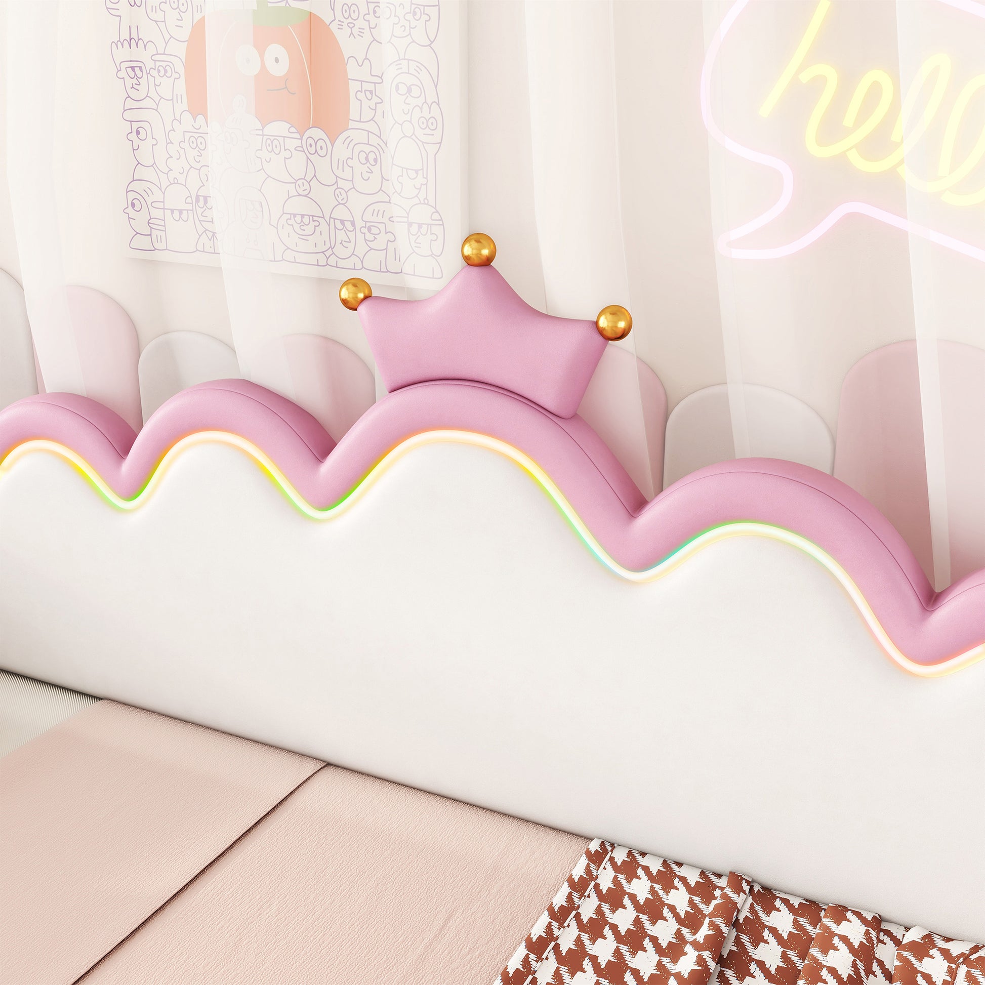 Twin Extending Daybed With Led Lights, Modern Upholstered Princess Daybed With Crown Headboard,Pink Twin Pink Wood