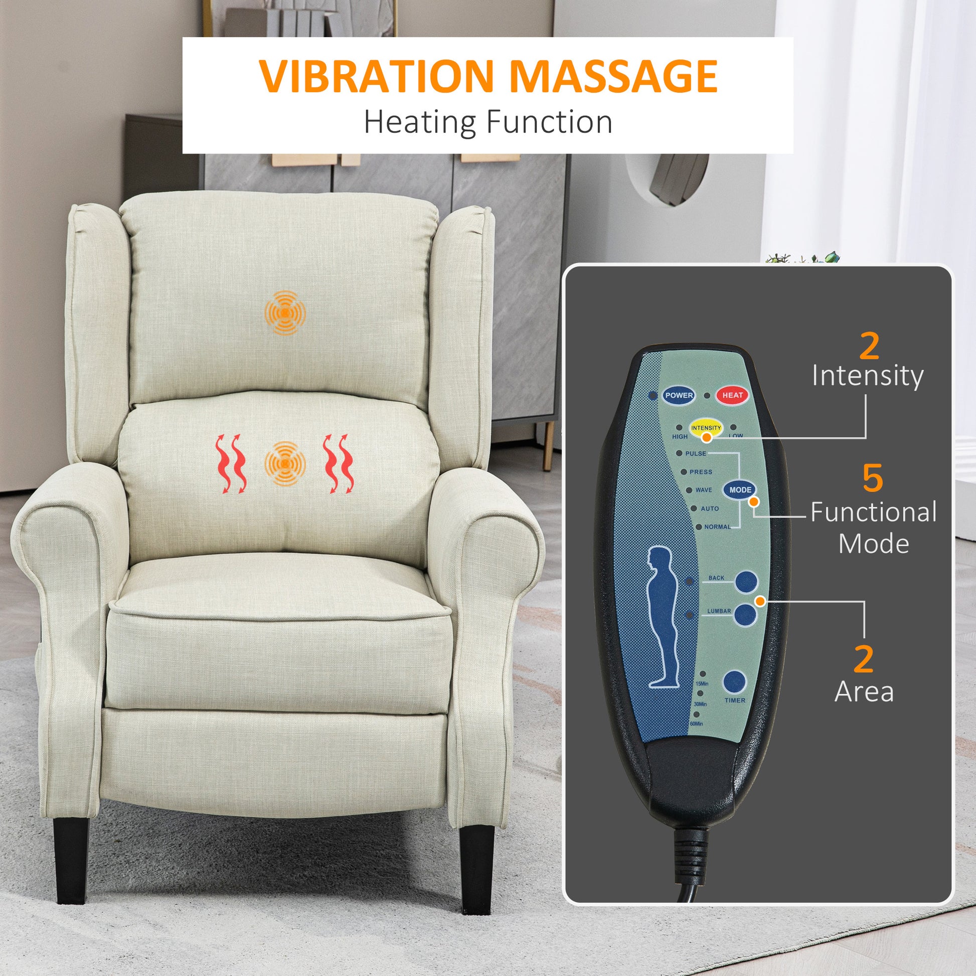 Homcom Vibration Massage Recliner Chair For Living Room With Heat, Wingback Single Sofa, Modern Linen Fabric Push Back Reclining Chair With Footrest, Side Pocket, White White Linen