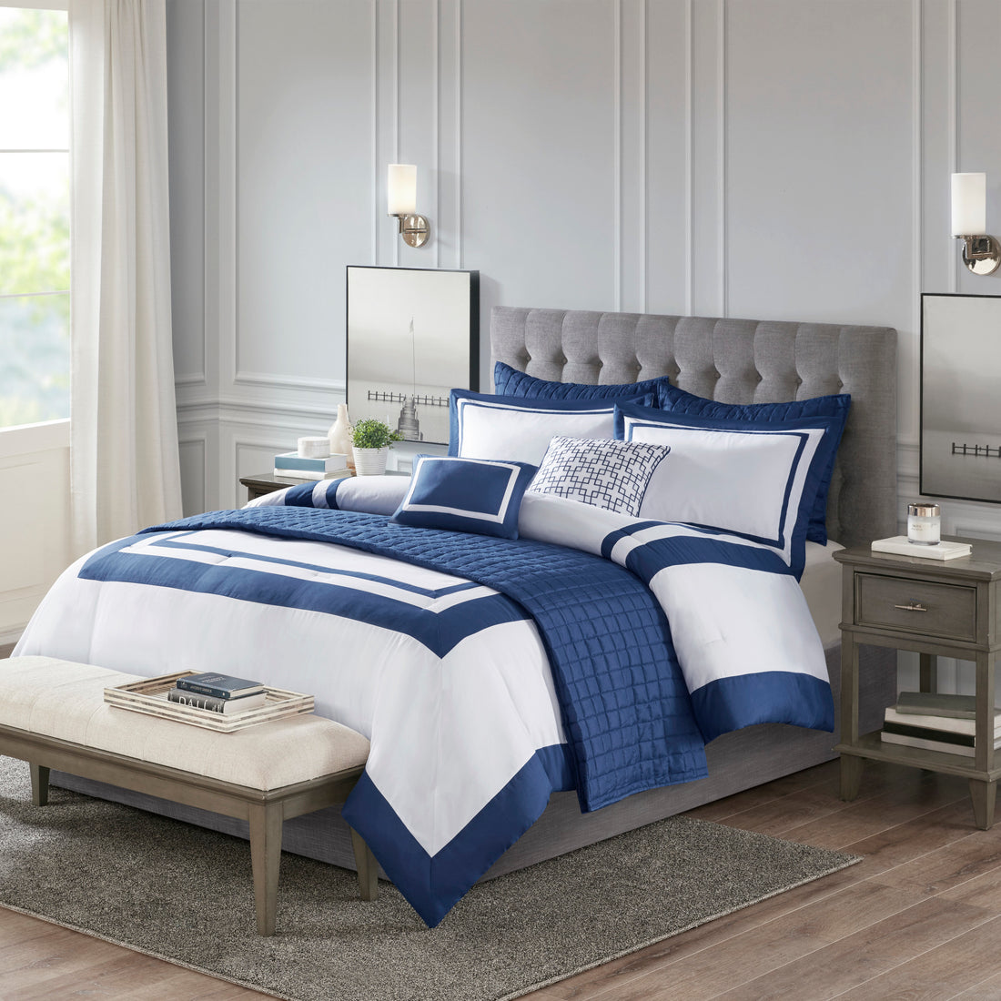 8 Piece Comforter And Quilt Set Collection Navy King Cal King King Navy Polyester