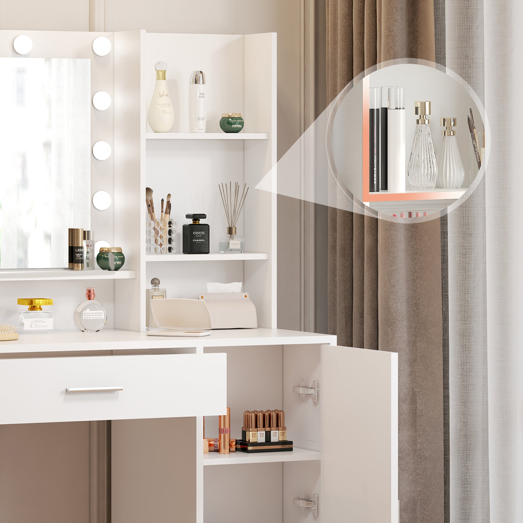 Vanity Desk With Mirror & Light, Large Drawer Three Level Storage Dresser, 3 Lighting Modes Adjustable Brightness, Bedroom Dressing Table White With Stool White Particle Board