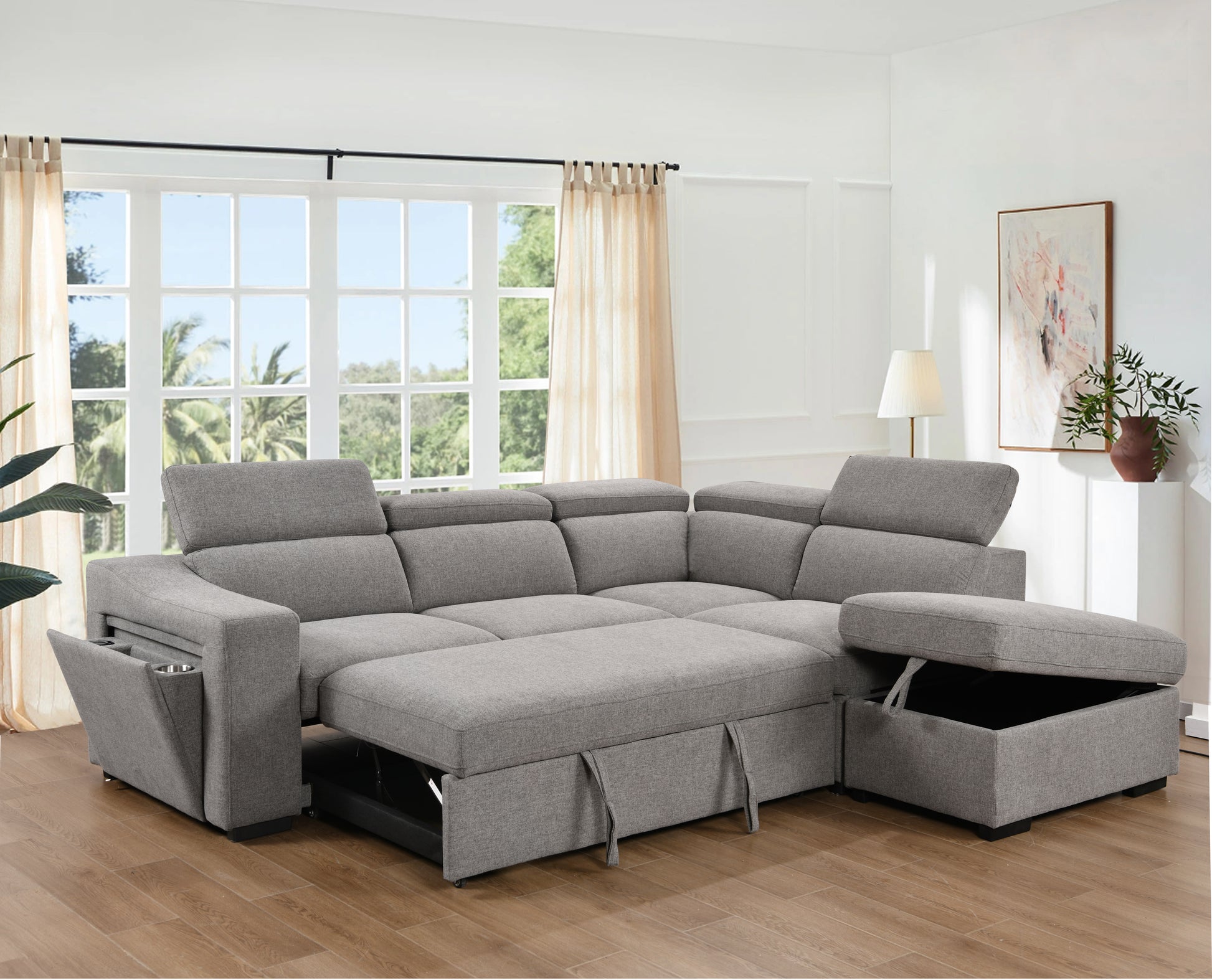 105"L Shape Sectional Sofa With Pull Out Bed And Ottoman Storage Space, Convertible Sleeper Couch, Arm With 1 Cup Holders And Wirelessly Charged, For Living Room, Apartment, Light Gray Light Brown