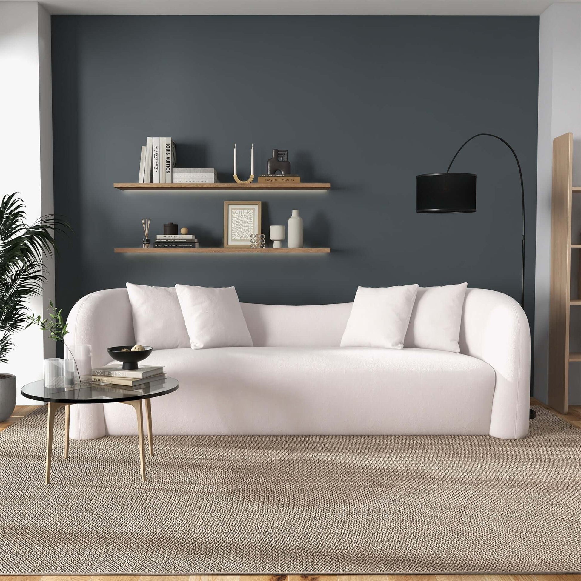 Mason Mid Century Modern Luxury Tight Back Curvy White Boucle Couch White Nature Wood Primary Living Space Tight Back Mid Century Modern Foam Boucle,Solid Wood 3 Seat