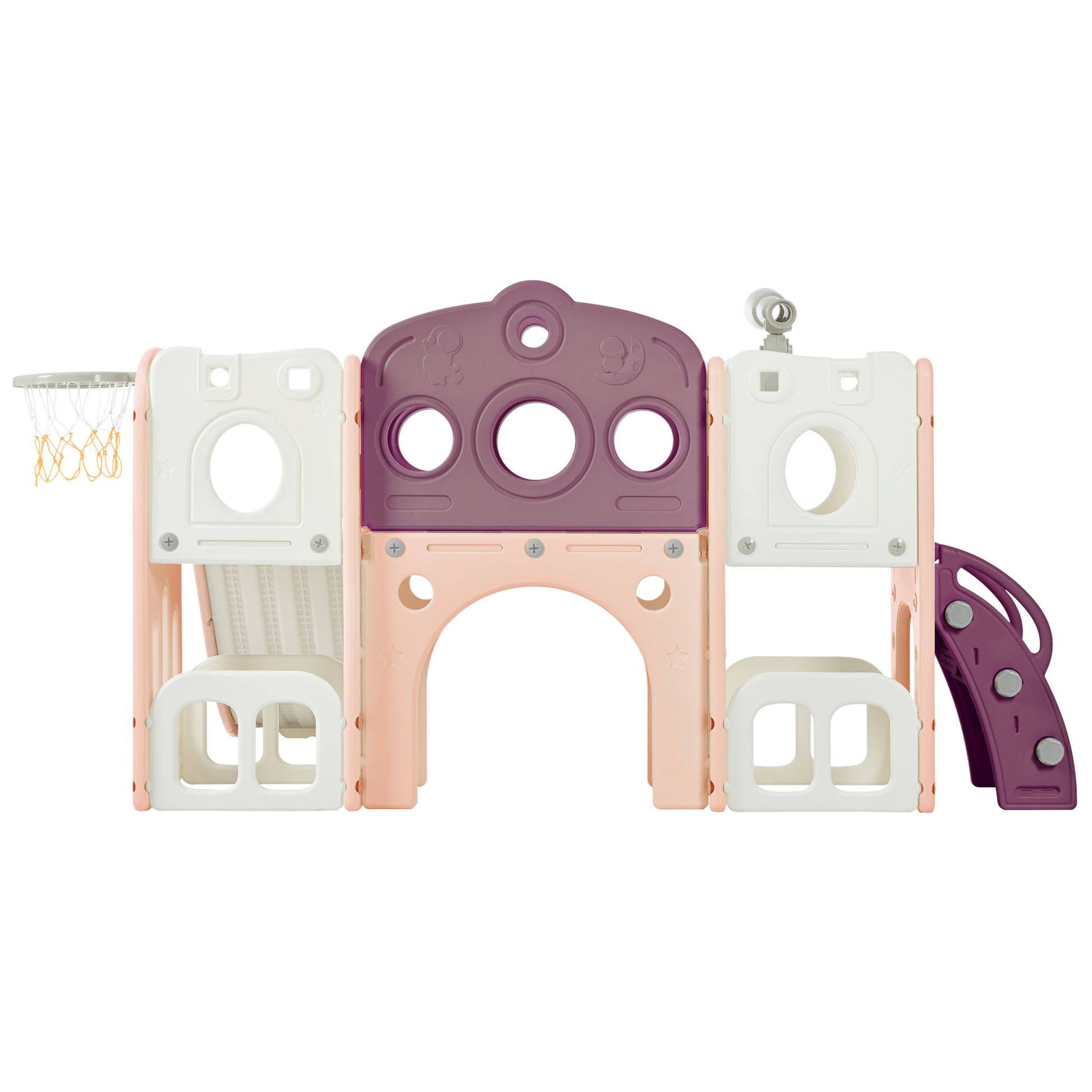 7 In 1 Toddler Slide Set, Freestanding Space Set With Slide, Kids Slide Playset Structure, Arch Tunnel And Basketball Hoop, Toy Storage Organizer For Toddlers, Kids Climbers Playground Purple 50 99 Lbs Cute 1 To 2 Years Hdpe Indoor & Outdoor Use