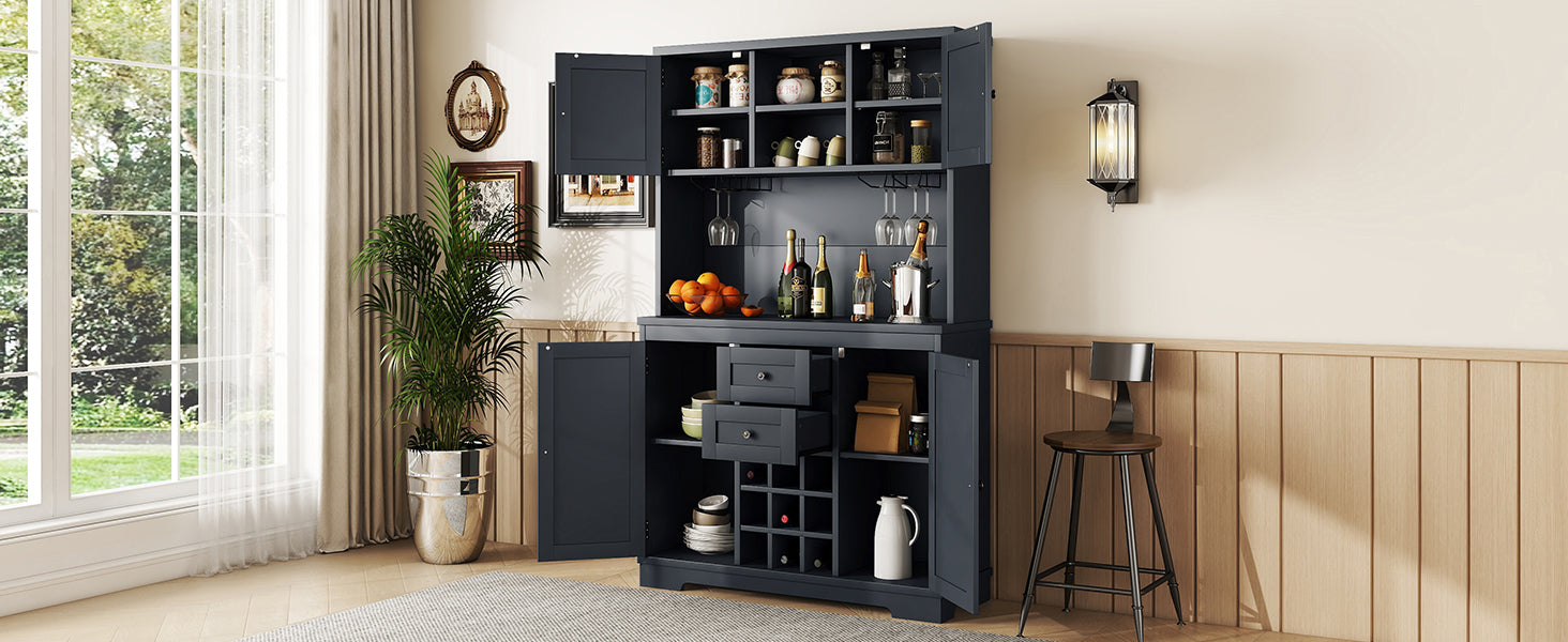 Coffee Bar Cabinet Kitchen Cabinet With Storage, Farmhouse Wine Cabinet With Drawers Shelves And Cabinets, Buffet Cabinet Wine & Glass Racks For Dining Room, Kitchen, Dark Blue Antique Blue Particle
