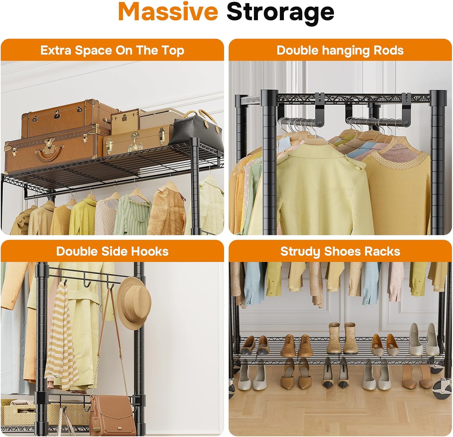 Rolling Clothes Rack, Heavy Duty Clothing Rack, 3 Shelf Portable Adjustable Wardrobe Closet With Wheels, Hanging Rods & Side Hooks, 43.3" W X 17.7" D X 80.3" H, Black Black Steel