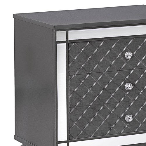 3 Drawer Wooden Nightstand With Diamond Pattern And Mirror Inlay, Gray Gray Solid Wood