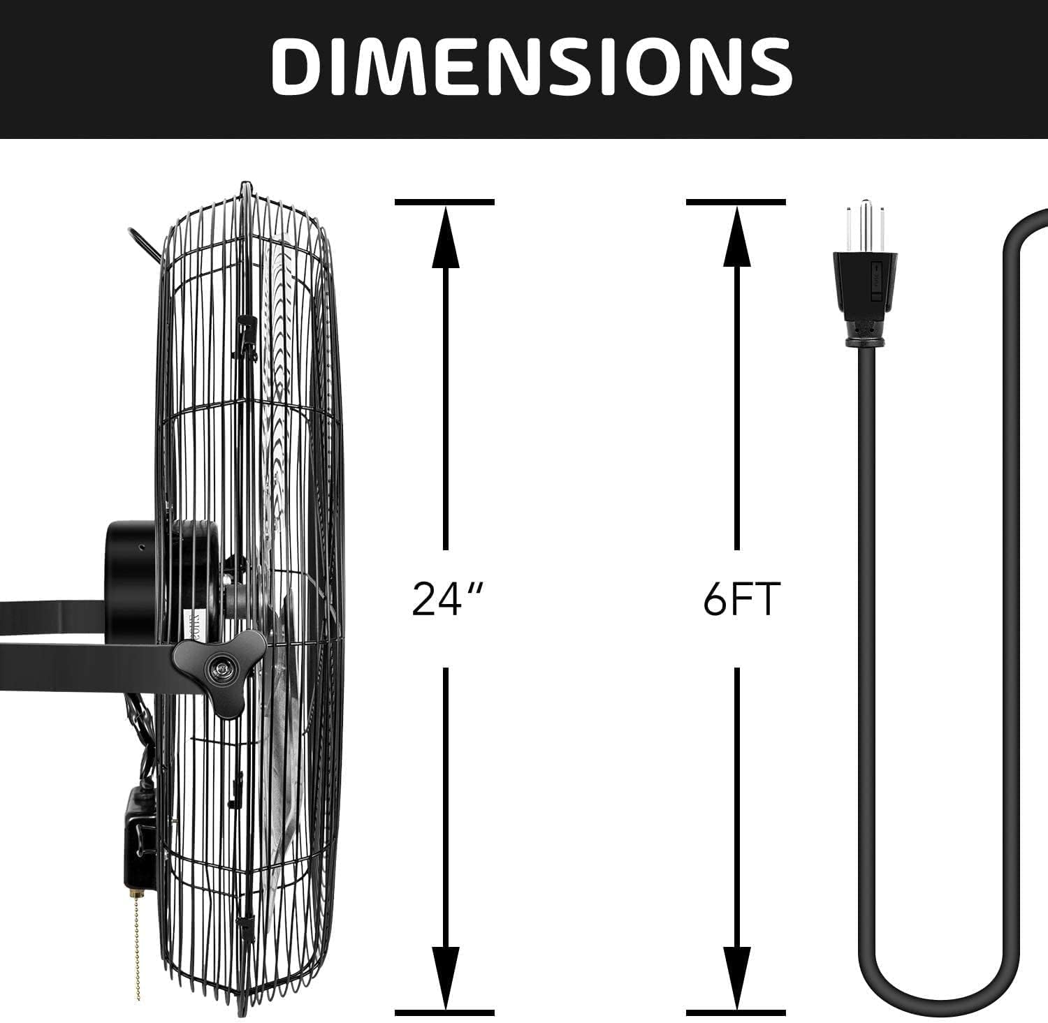 24 Inch Industrial Wall Mount Fan, 3 Speed Commercial Ventilation Metal Fan For Warehouse, Greenhouse, Workshop, Patio, Factory And Basement High Velocity, Black Black Metal