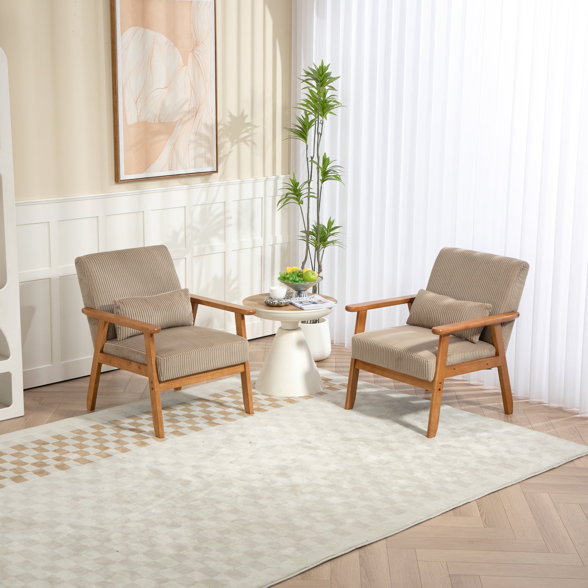 Leisure Chair With Solid Wood Armrest And Feet, Leisure Chair, Wood Frame, Velvet, Solid Rubber Wood Legs, Mid Century Modern Accent Chair, For Living Room Bedroom Studio Chair,Two Packs Camel Corduroy